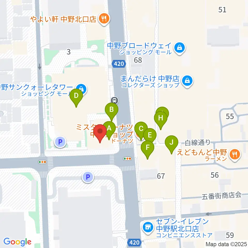 ディスクユニオン中野店周辺のファミレス・ファーストフード一覧地図