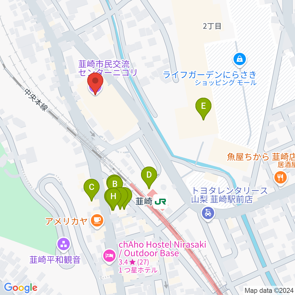 韮崎市民交流センターニコリ周辺のファミレス・ファーストフード一覧地図