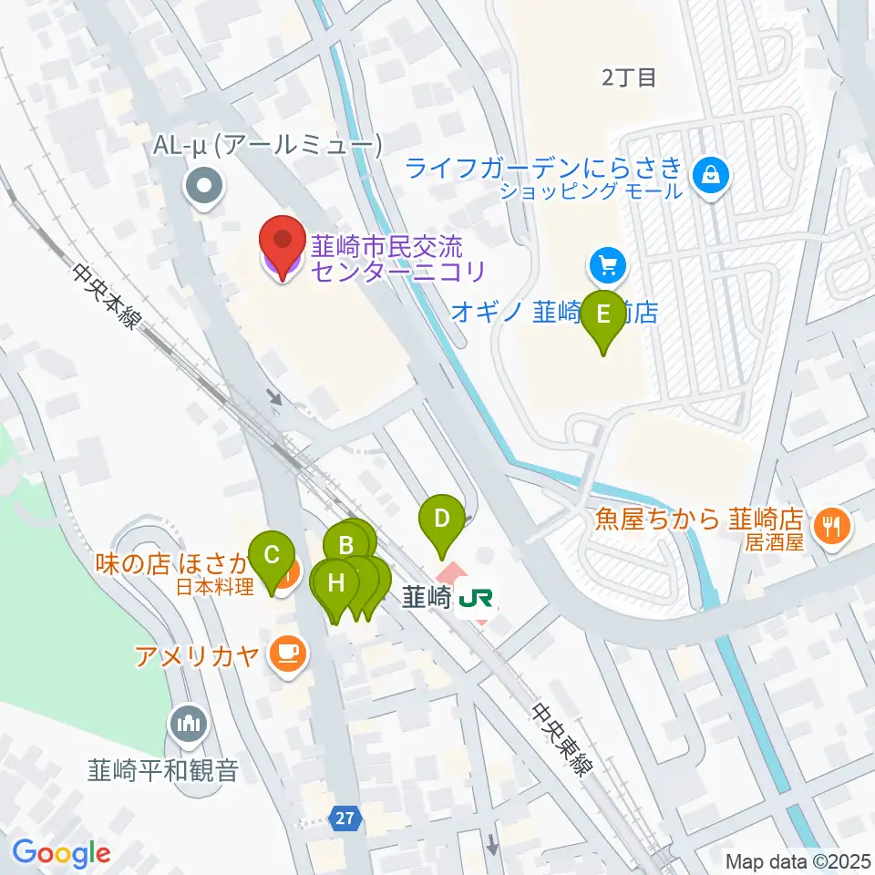 韮崎市民交流センターニコリ周辺のファミレス・ファーストフード一覧地図