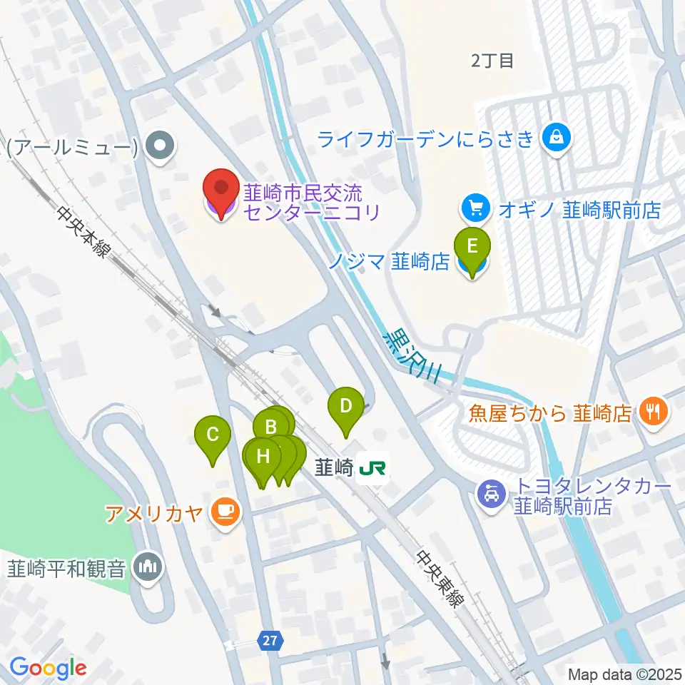 韮崎市民交流センターニコリ周辺のファミレス・ファーストフード一覧地図