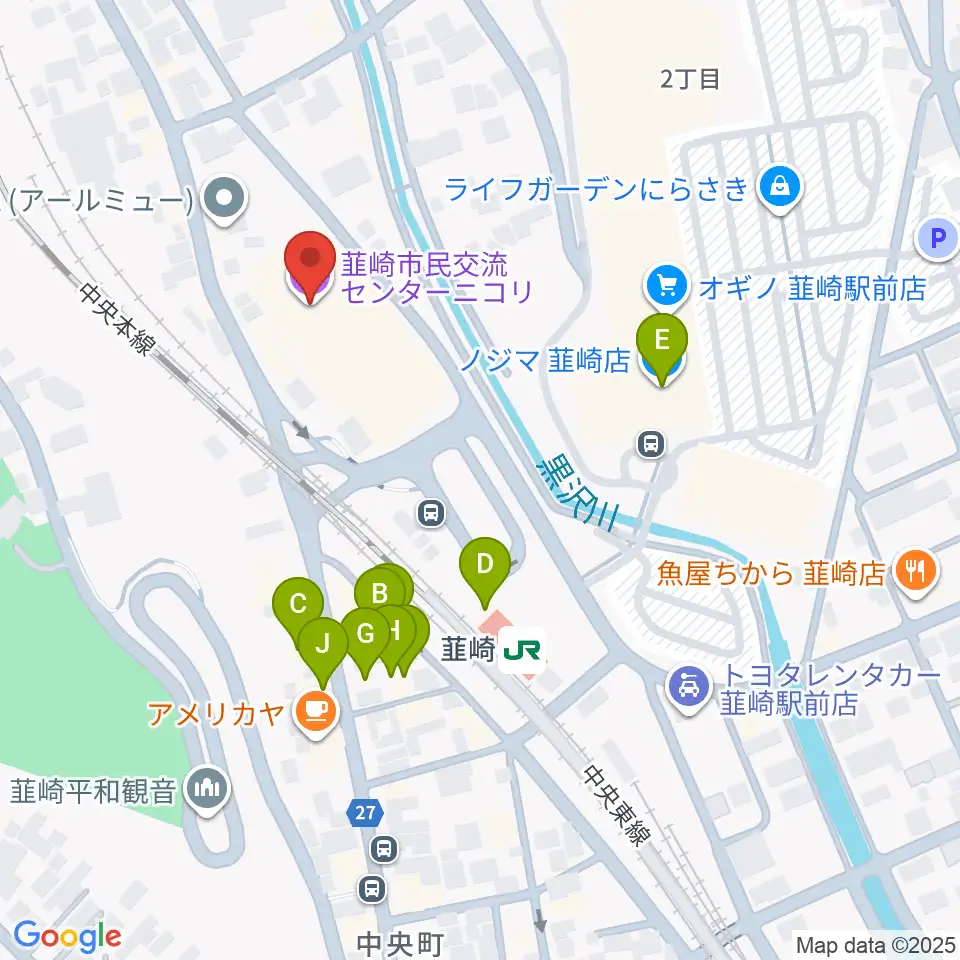 韮崎市民交流センターニコリ周辺のファミレス・ファーストフード一覧地図