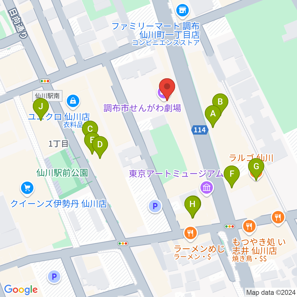 調布市せんがわ劇場周辺のファミレス・ファーストフード一覧地図