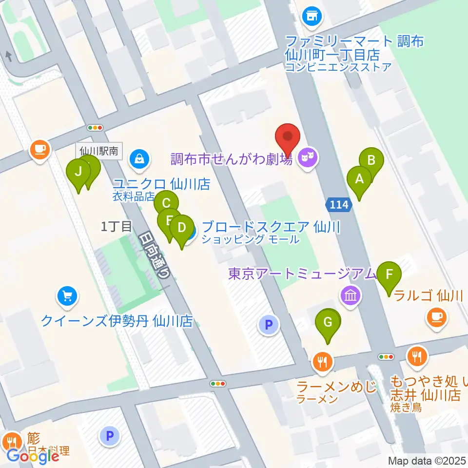 調布市せんがわ劇場周辺のファミレス・ファーストフード一覧地図