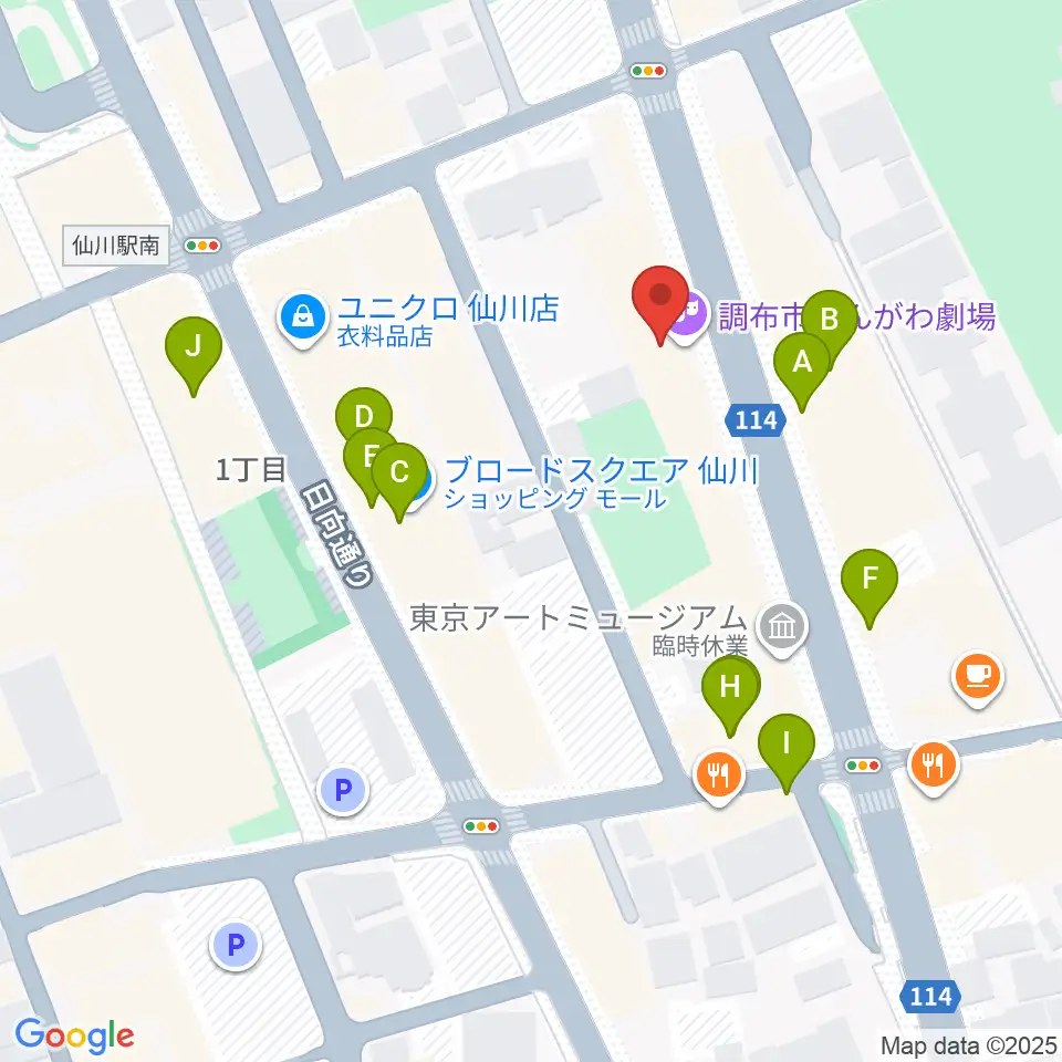 調布市せんがわ劇場周辺のファミレス・ファーストフード一覧地図