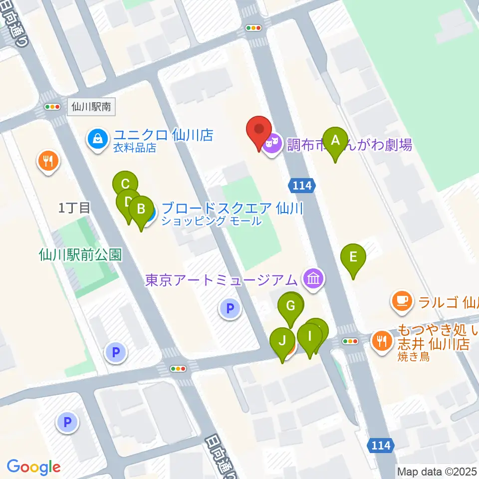 調布市せんがわ劇場周辺のファミレス・ファーストフード一覧地図