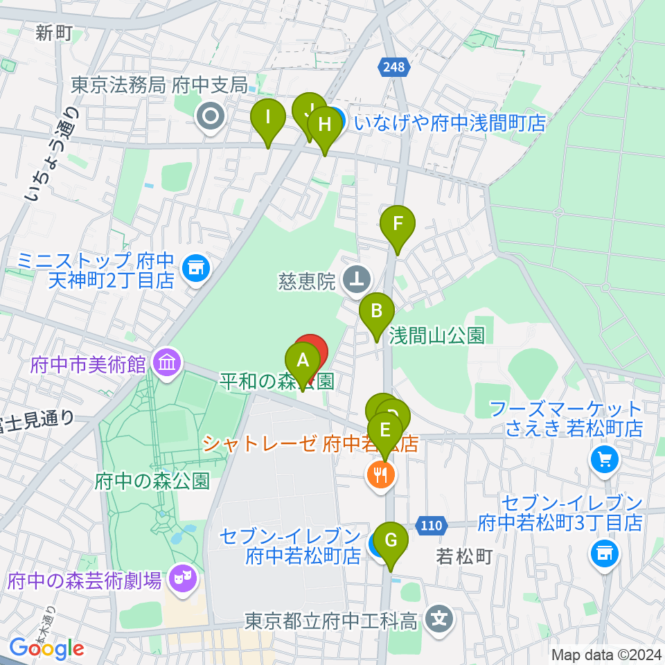 府中市生涯学習センター周辺のファミレス・ファーストフード一覧地図