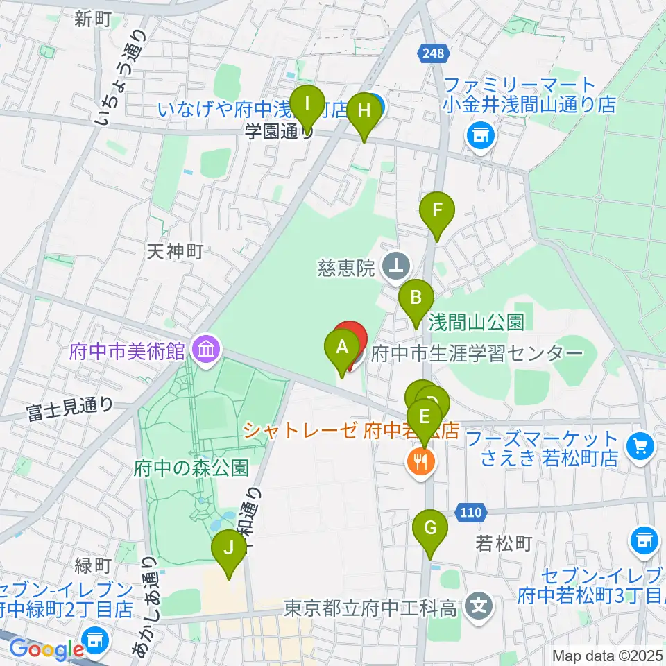 府中市生涯学習センター周辺のファミレス・ファーストフード一覧地図