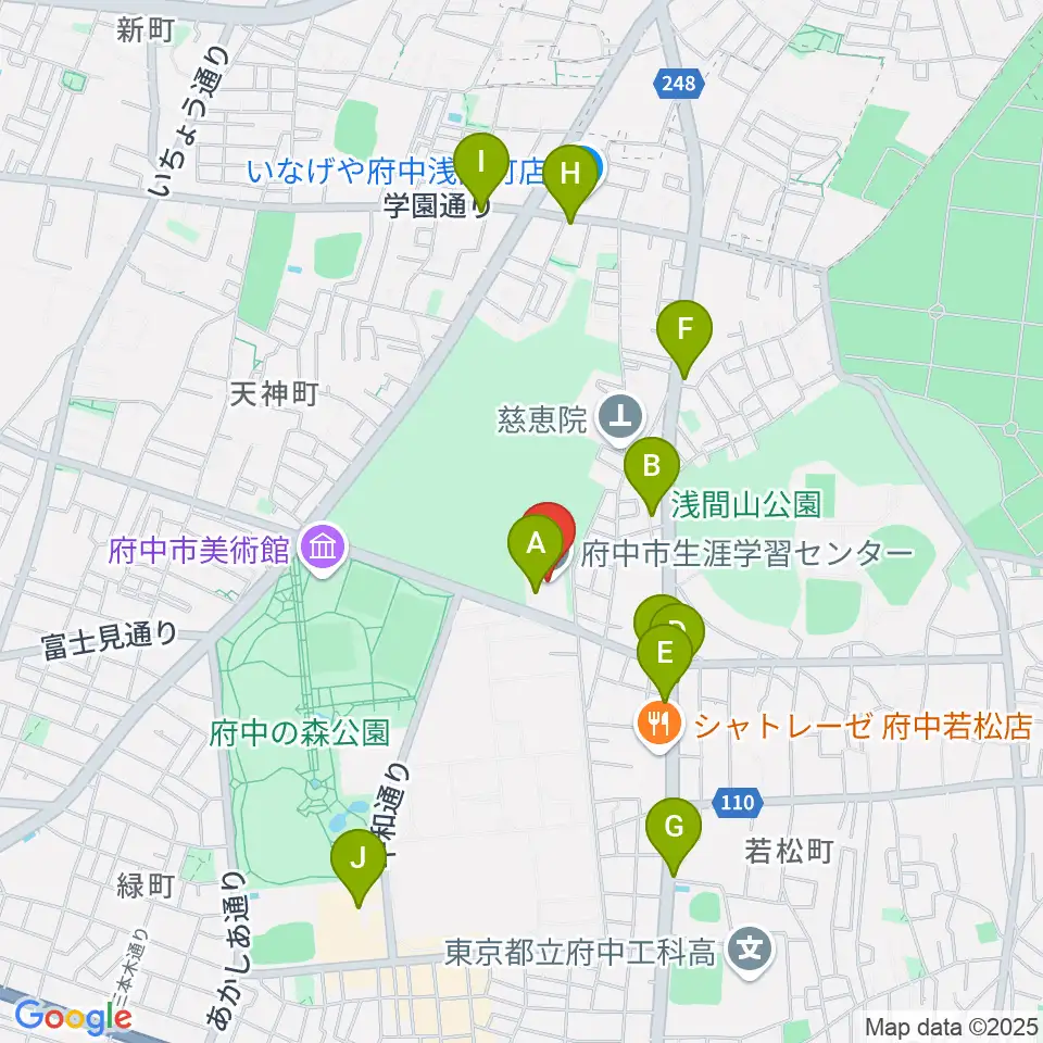 府中市生涯学習センター周辺のファミレス・ファーストフード一覧地図