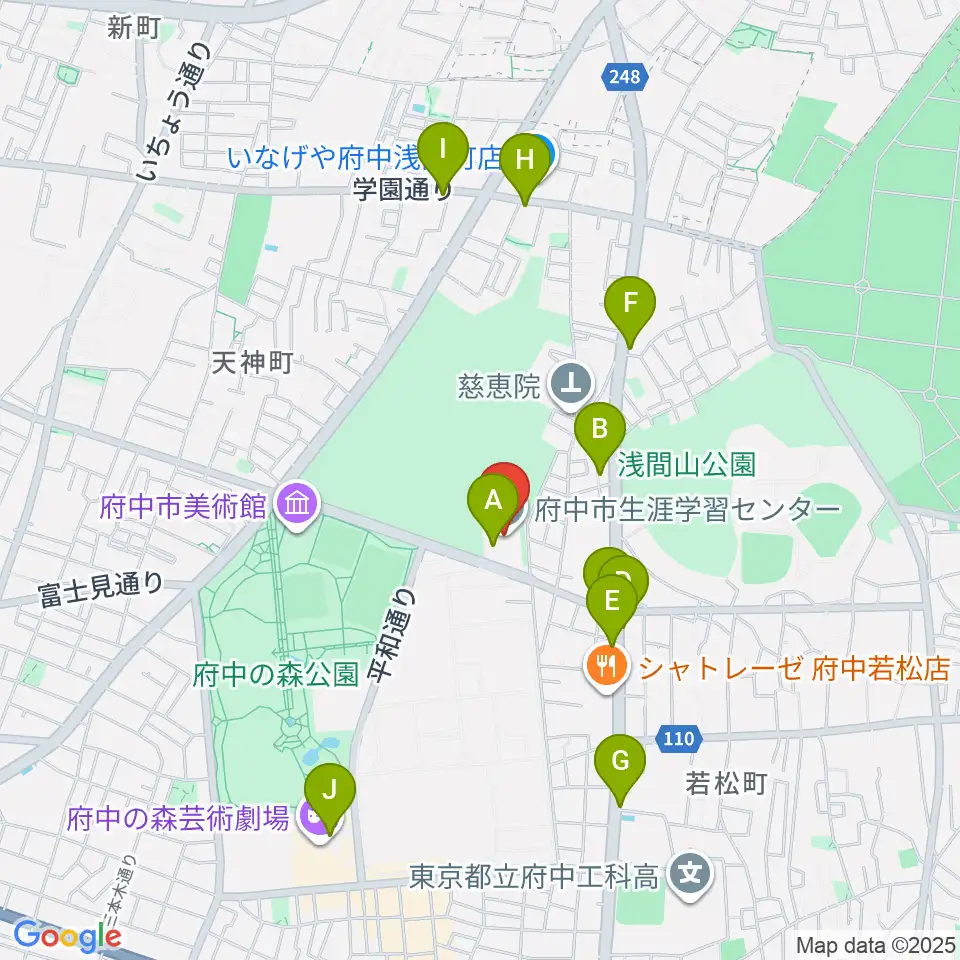 府中市生涯学習センター周辺のファミレス・ファーストフード一覧地図