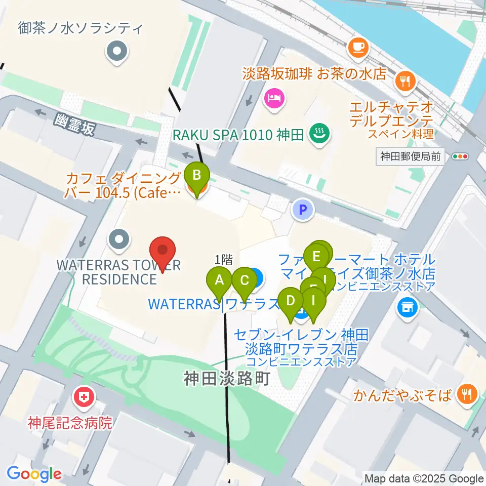 ワテラスコモンホール周辺のファミレス・ファーストフード一覧地図