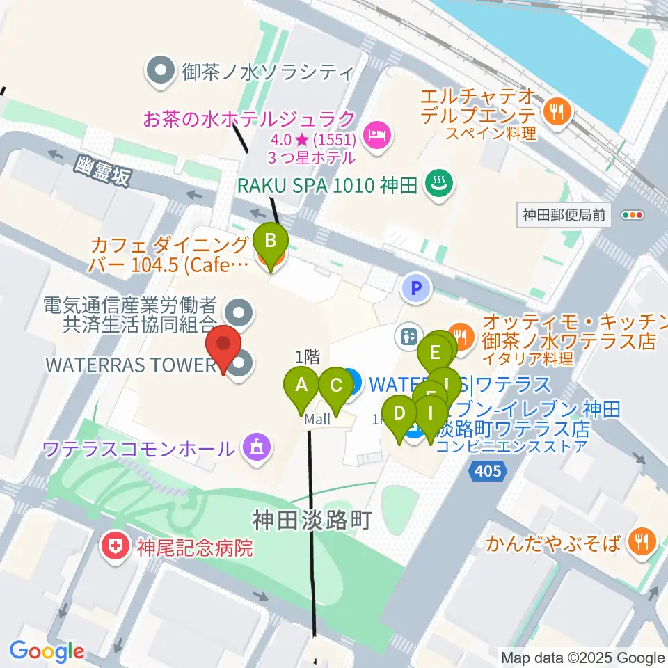 ワテラスコモンホール周辺のファミレス・ファーストフード一覧地図