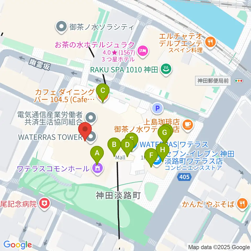 ワテラスコモンホール周辺のファミレス・ファーストフード一覧地図