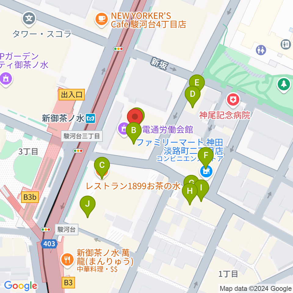 全電通労働会館周辺のファミレス・ファーストフード一覧地図