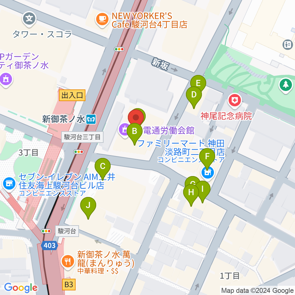 全電通労働会館周辺のファミレス・ファーストフード一覧地図