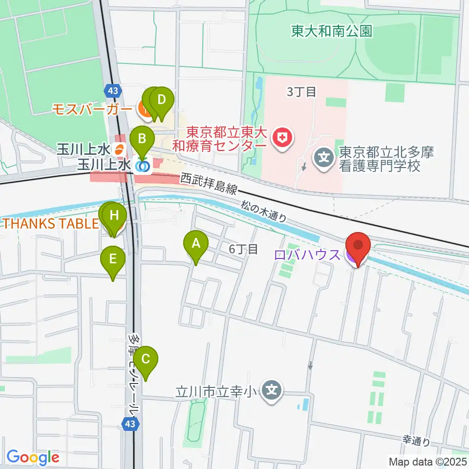 ロバハウス周辺のファミレス・ファーストフード一覧地図