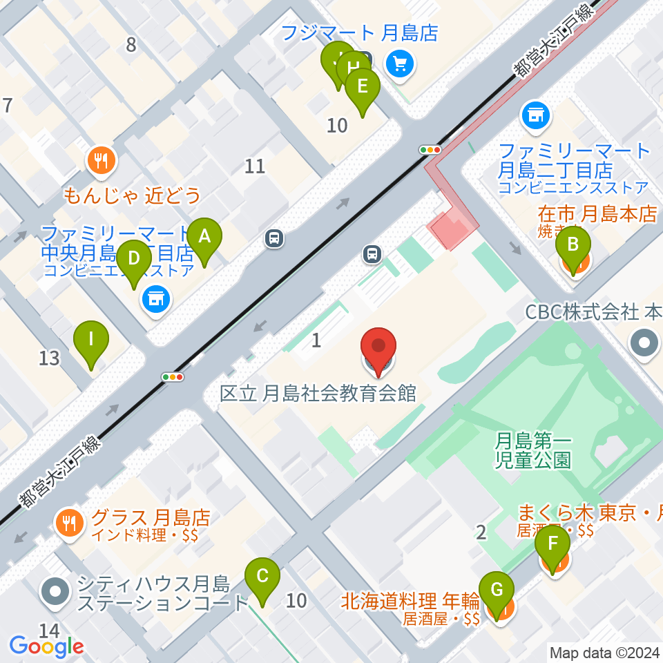 月島社会教育会館周辺のファミレス・ファーストフード一覧地図