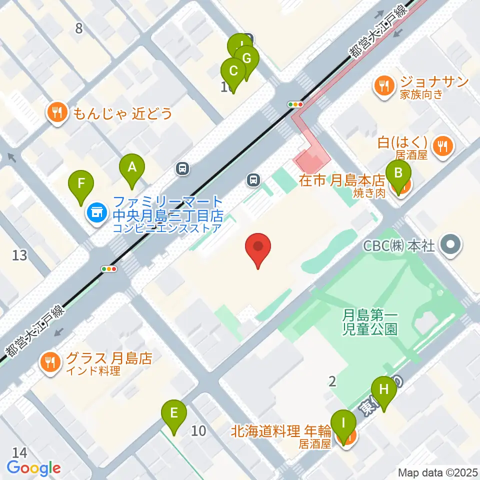 月島社会教育会館周辺のファミレス・ファーストフード一覧地図