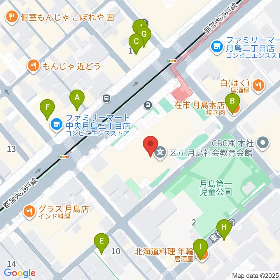 月島社会教育会館周辺のファミレス・ファーストフード一覧地図