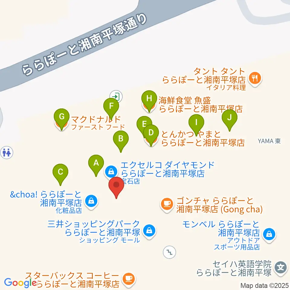 島村楽器 ららぽーと湘南平塚店周辺のファミレス・ファーストフード一覧地図
