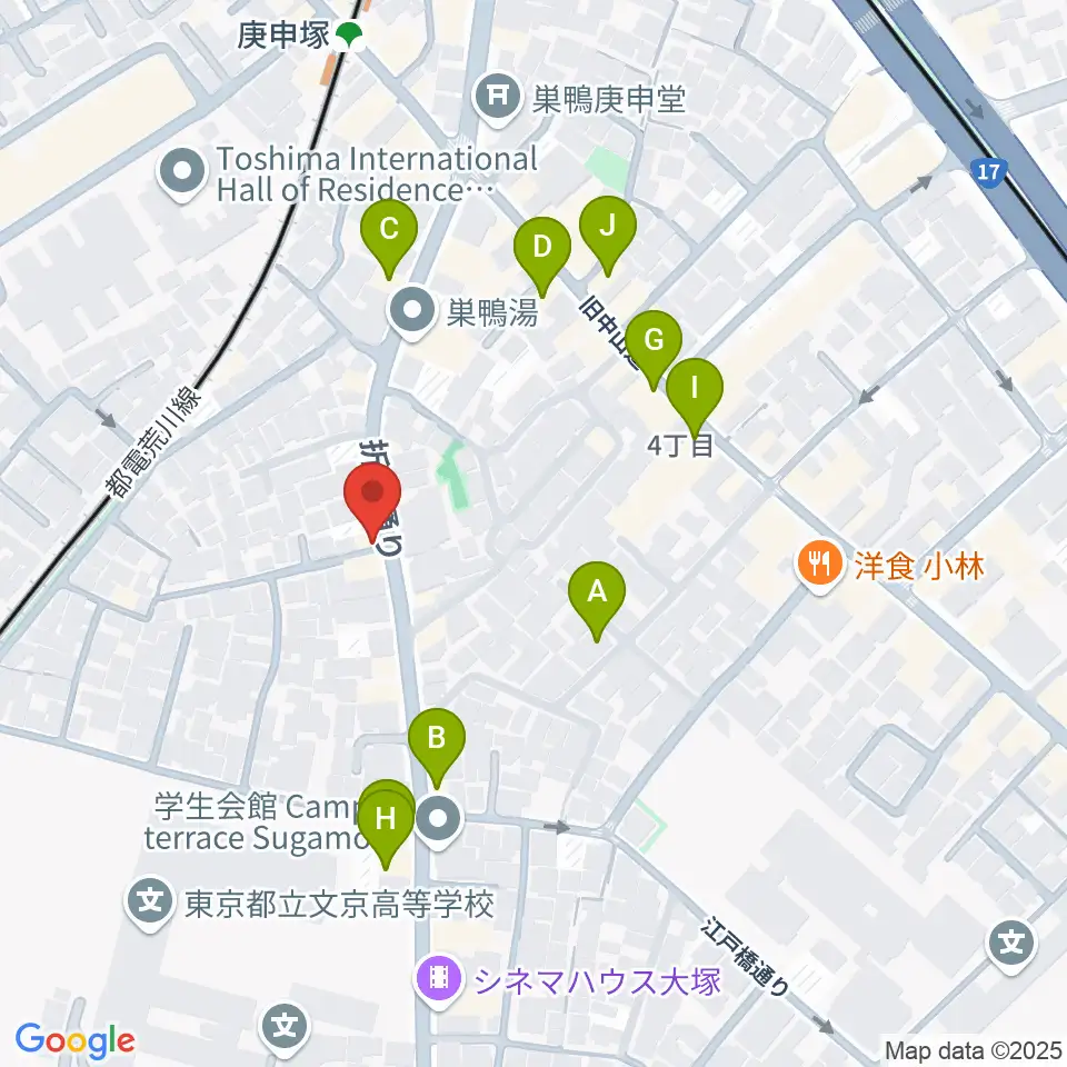 西巣鴨音楽堂周辺のファミレス・ファーストフード一覧地図
