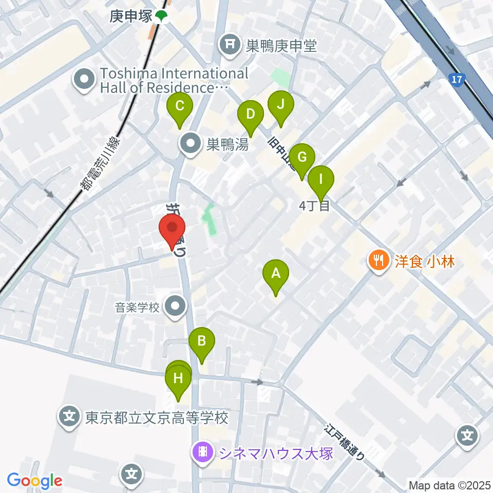 西巣鴨音楽堂周辺のファミレス・ファーストフード一覧地図