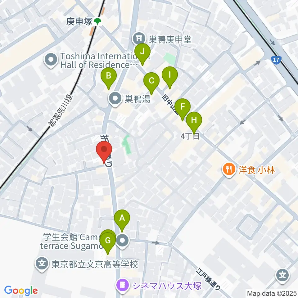 西巣鴨音楽堂周辺のファミレス・ファーストフード一覧地図