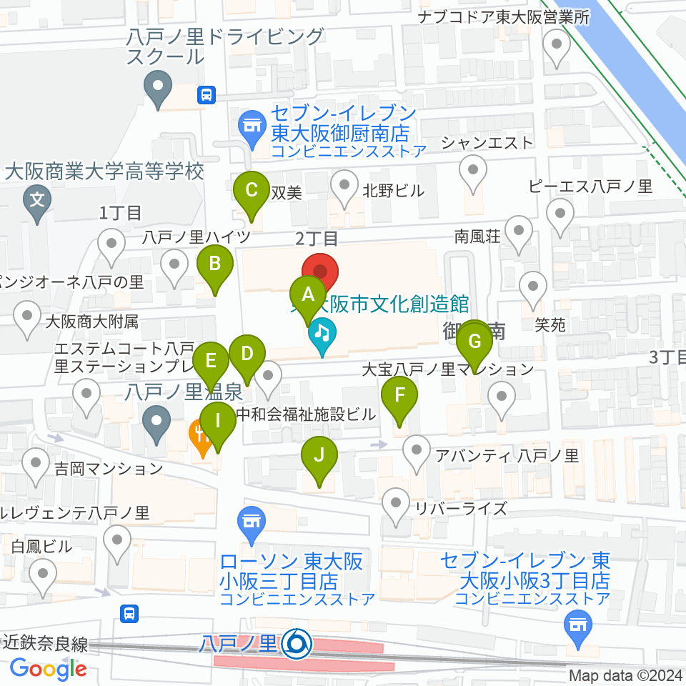 東大阪市文化創造館周辺のファミレス・ファーストフード一覧地図