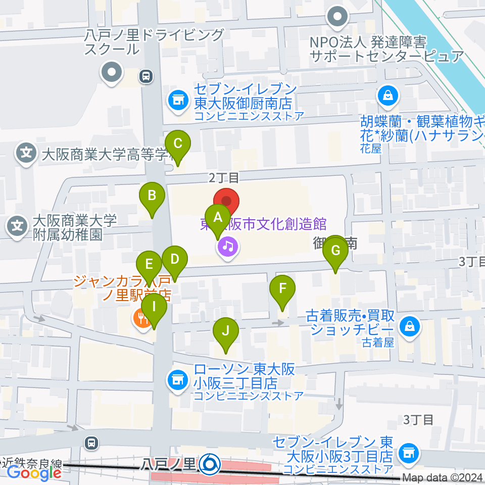 東大阪市文化創造館周辺のファミレス・ファーストフード一覧地図