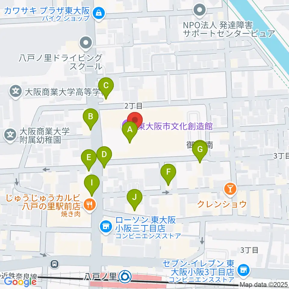 東大阪市文化創造館周辺のファミレス・ファーストフード一覧地図