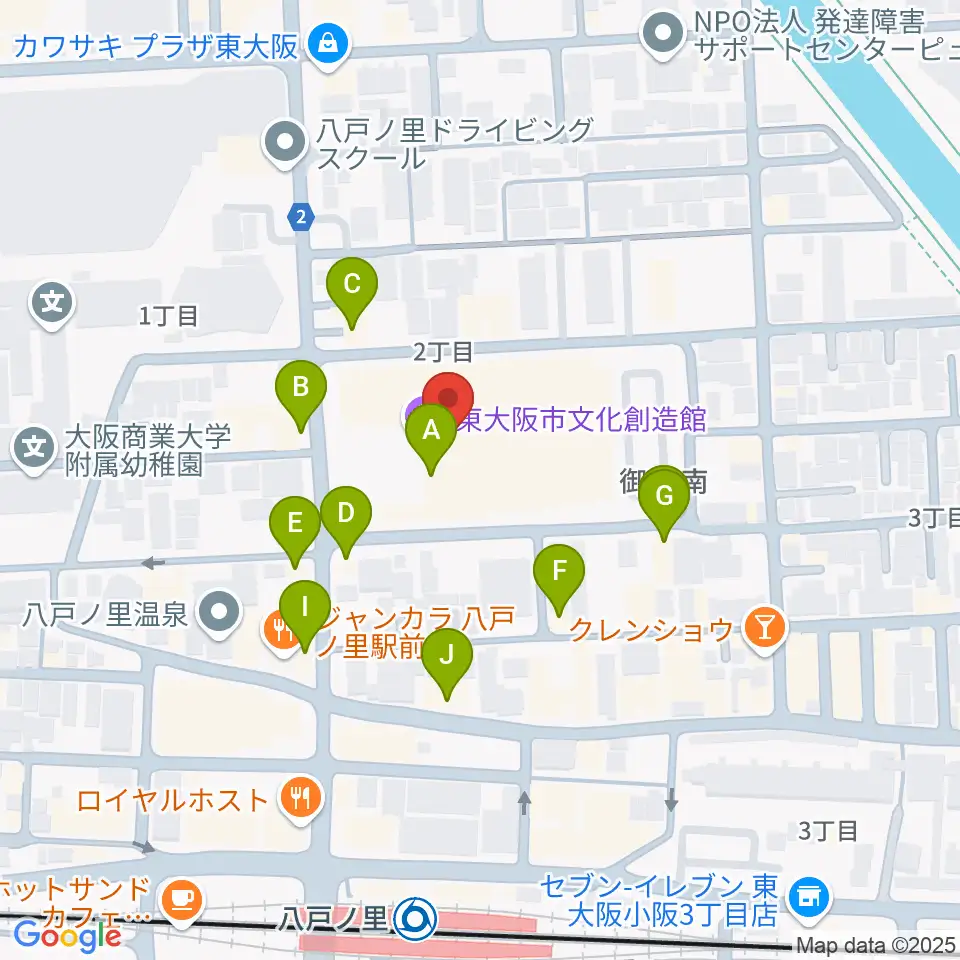 東大阪市文化創造館周辺のファミレス・ファーストフード一覧地図