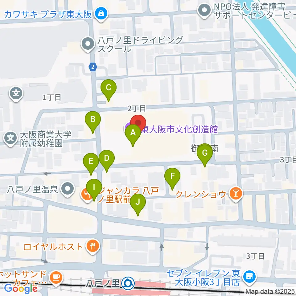 東大阪市文化創造館周辺のファミレス・ファーストフード一覧地図