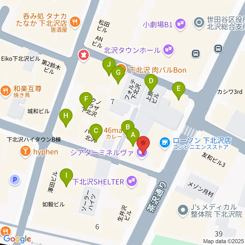 下北沢シアターミネルヴァ周辺のファミレス・ファーストフード一覧地図
