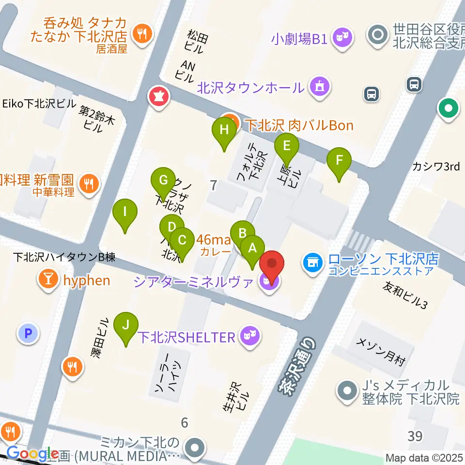 下北沢シアターミネルヴァ周辺のファミレス・ファーストフード一覧地図