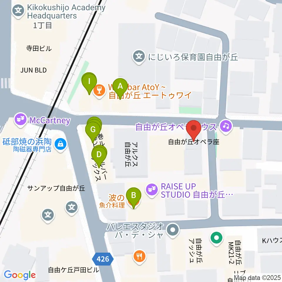 自由が丘オペラ座周辺のファミレス・ファーストフード一覧地図
