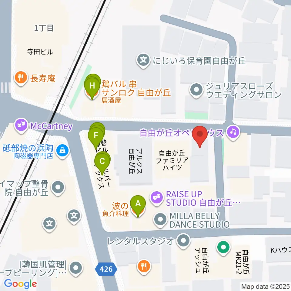 自由が丘オペラ座周辺のファミレス・ファーストフード一覧地図