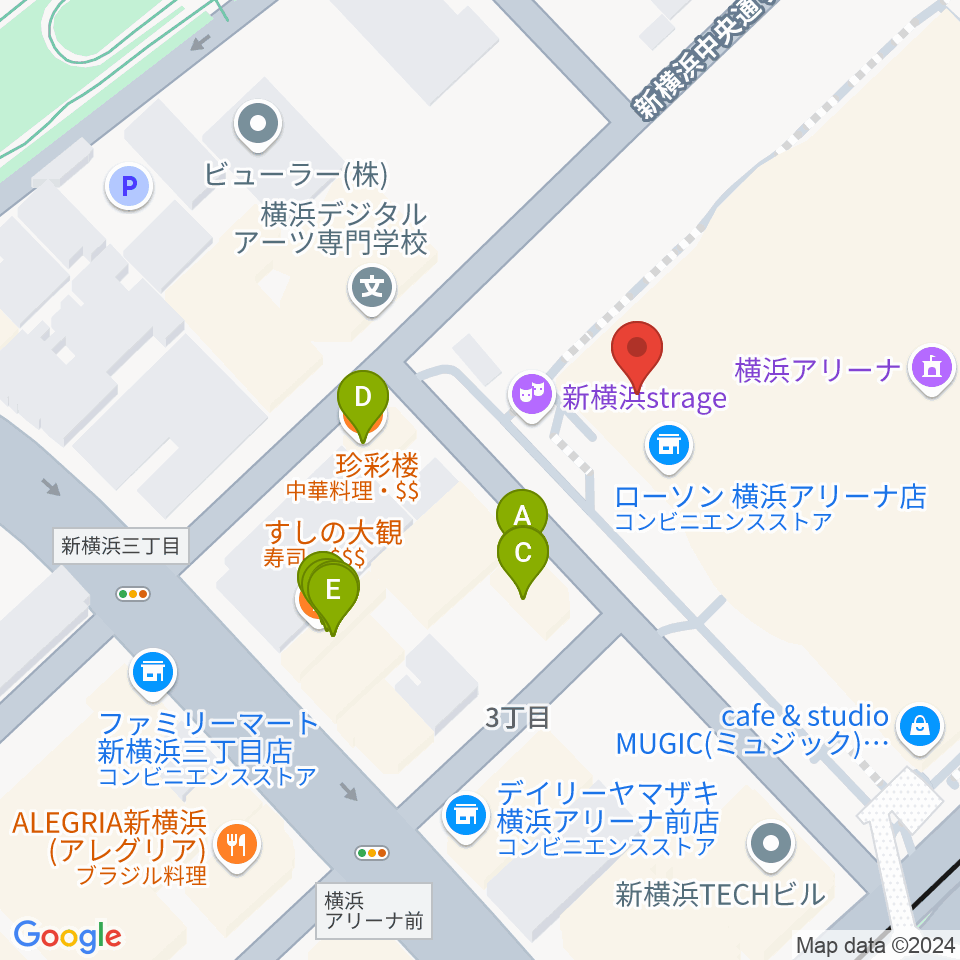 新横浜strage周辺のファミレス・ファーストフード一覧地図