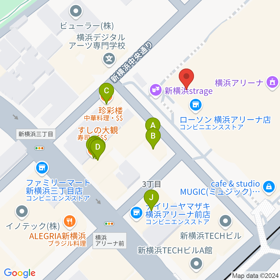 新横浜strage周辺のファミレス・ファーストフード一覧地図