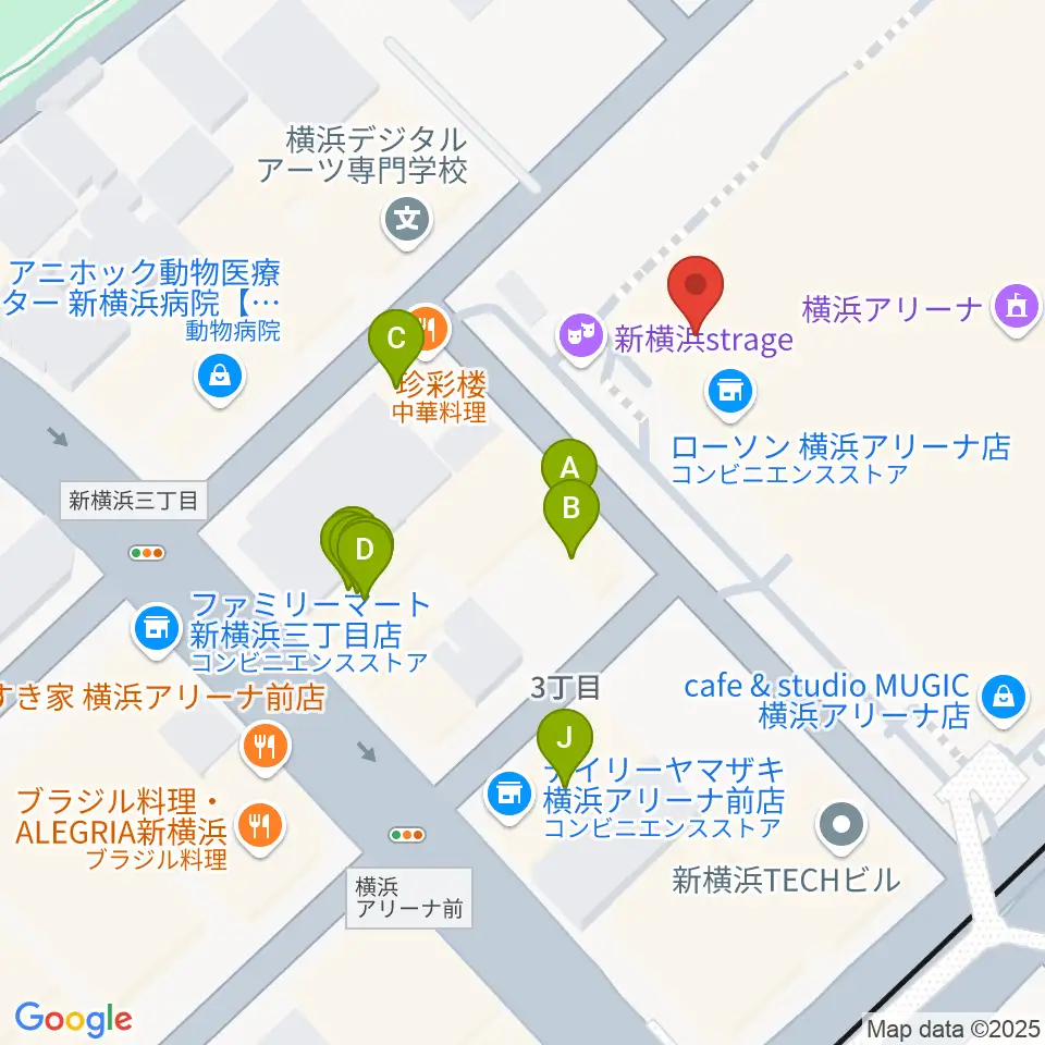 新横浜strage周辺のファミレス・ファーストフード一覧地図