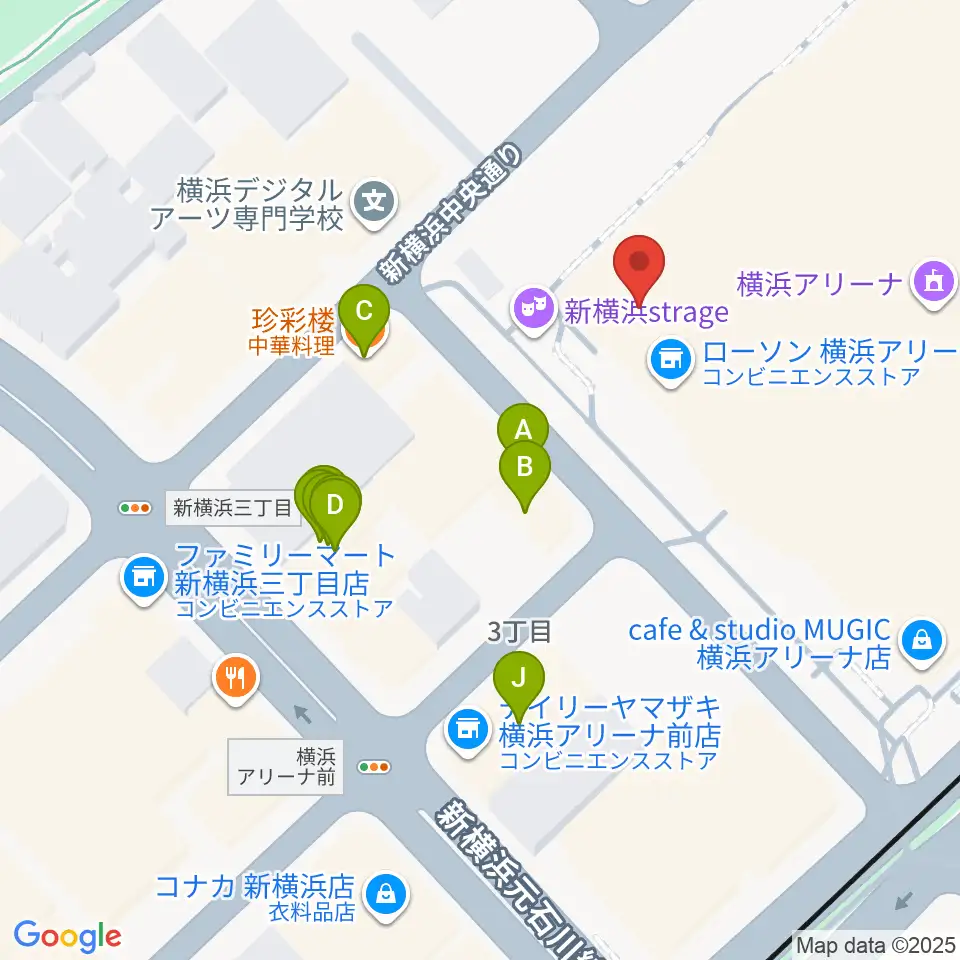 新横浜strage周辺のファミレス・ファーストフード一覧地図