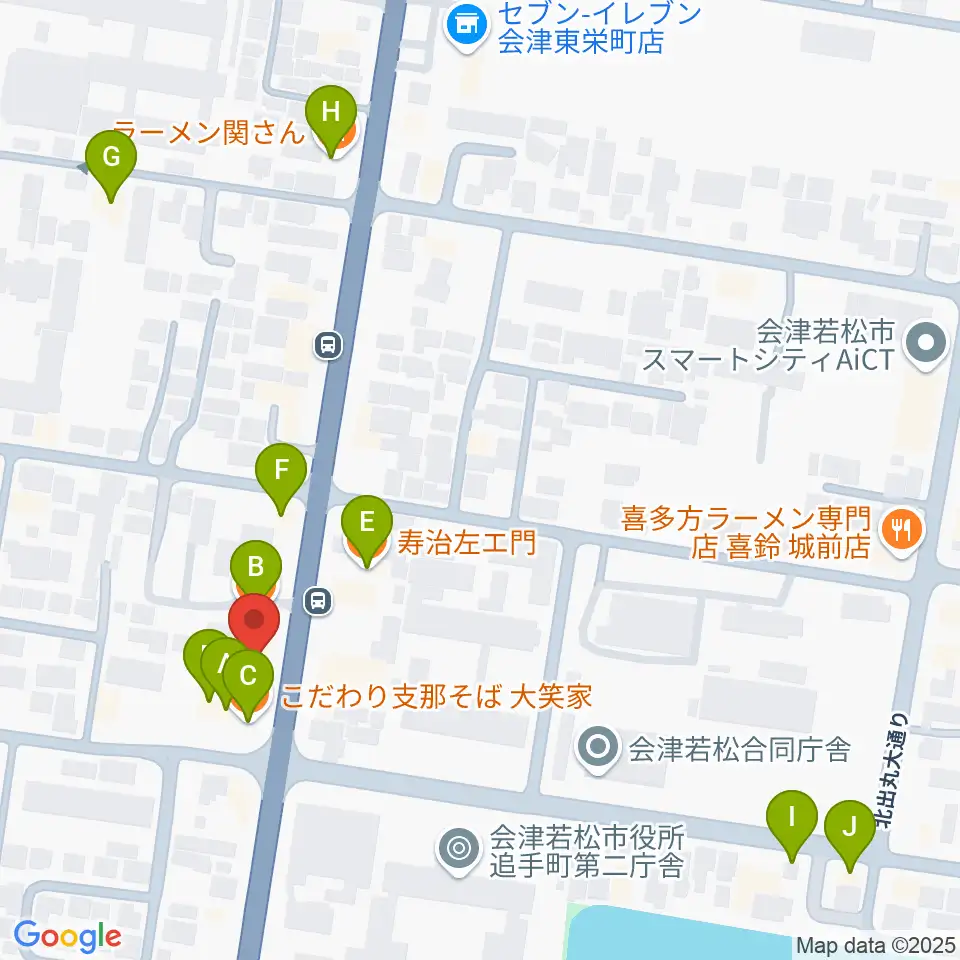 会津若松 まるギター教室&ベース、ウクレレ周辺のファミレス・ファーストフード一覧地図
