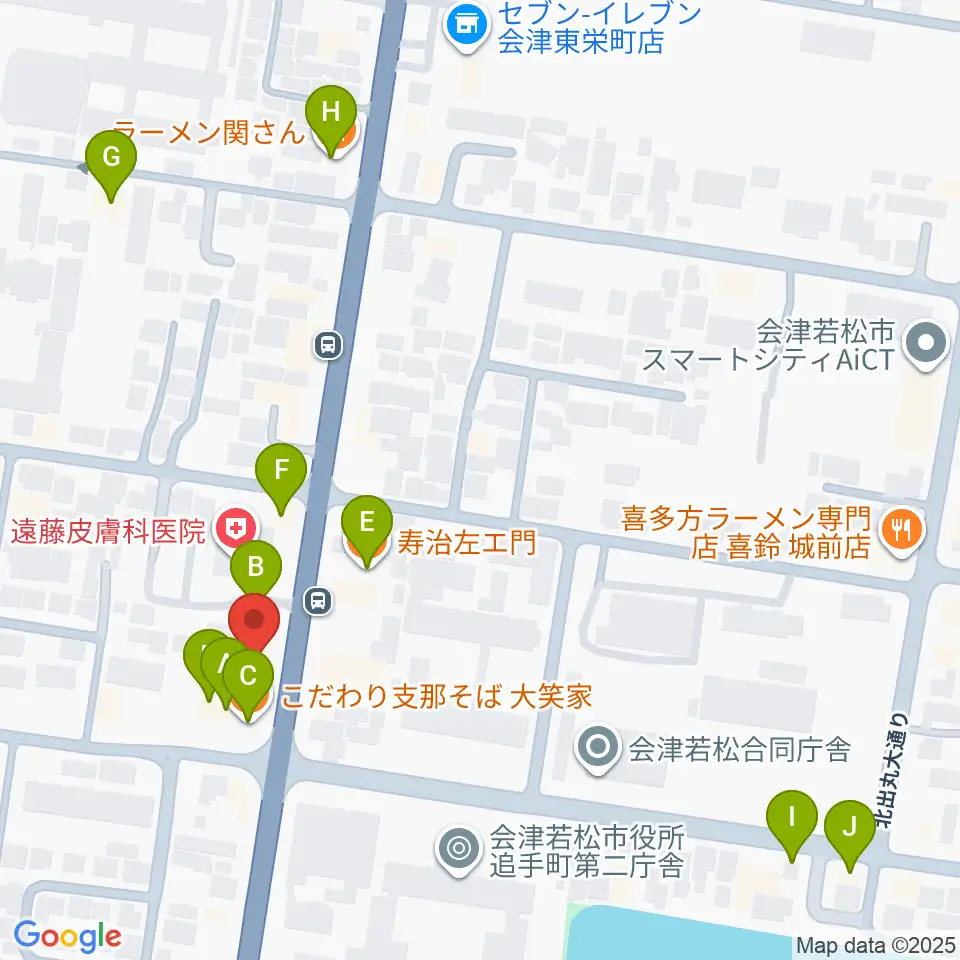 会津若松 まるギター教室&ベース、ウクレレ周辺のファミレス・ファーストフード一覧地図