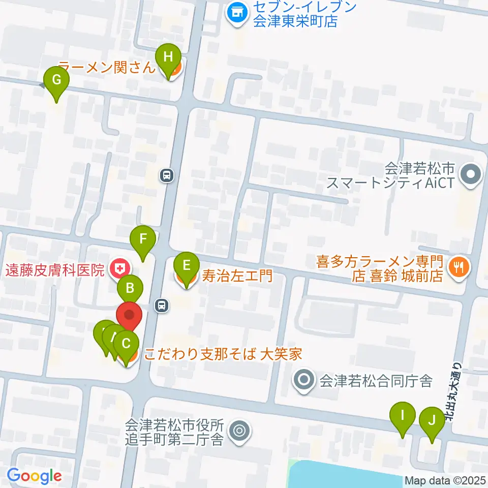 会津若松 まるギター教室＆ベース、ウクレレ周辺のファミレス・ファーストフード一覧地図