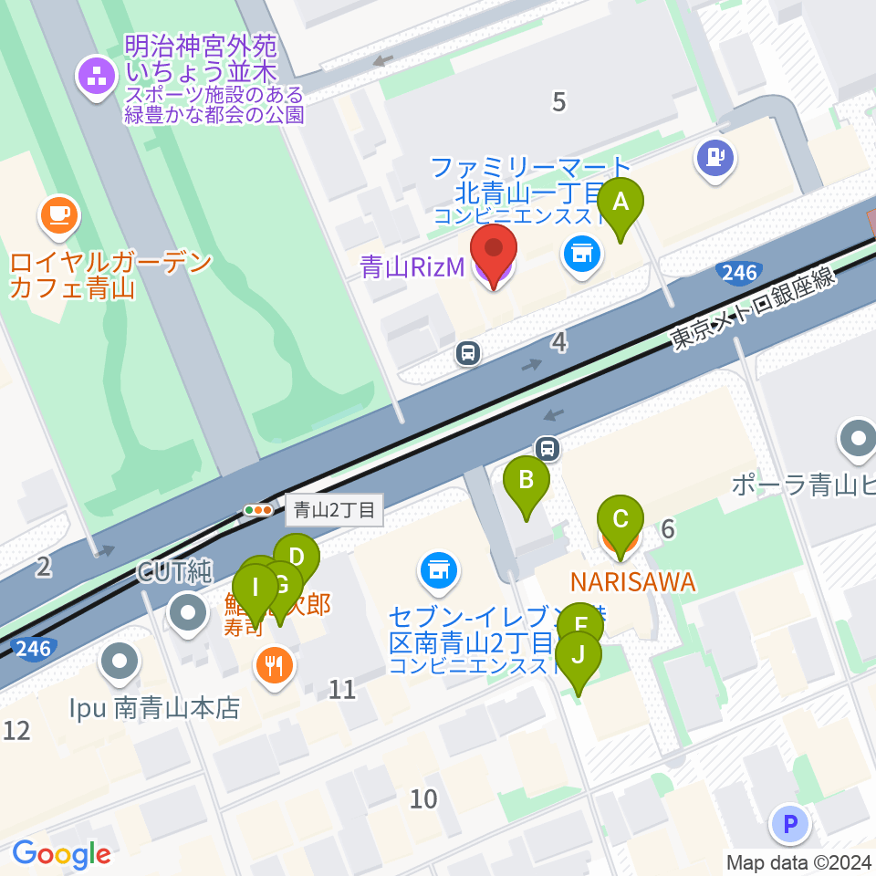 青山RizM周辺のファミレス・ファーストフード一覧地図