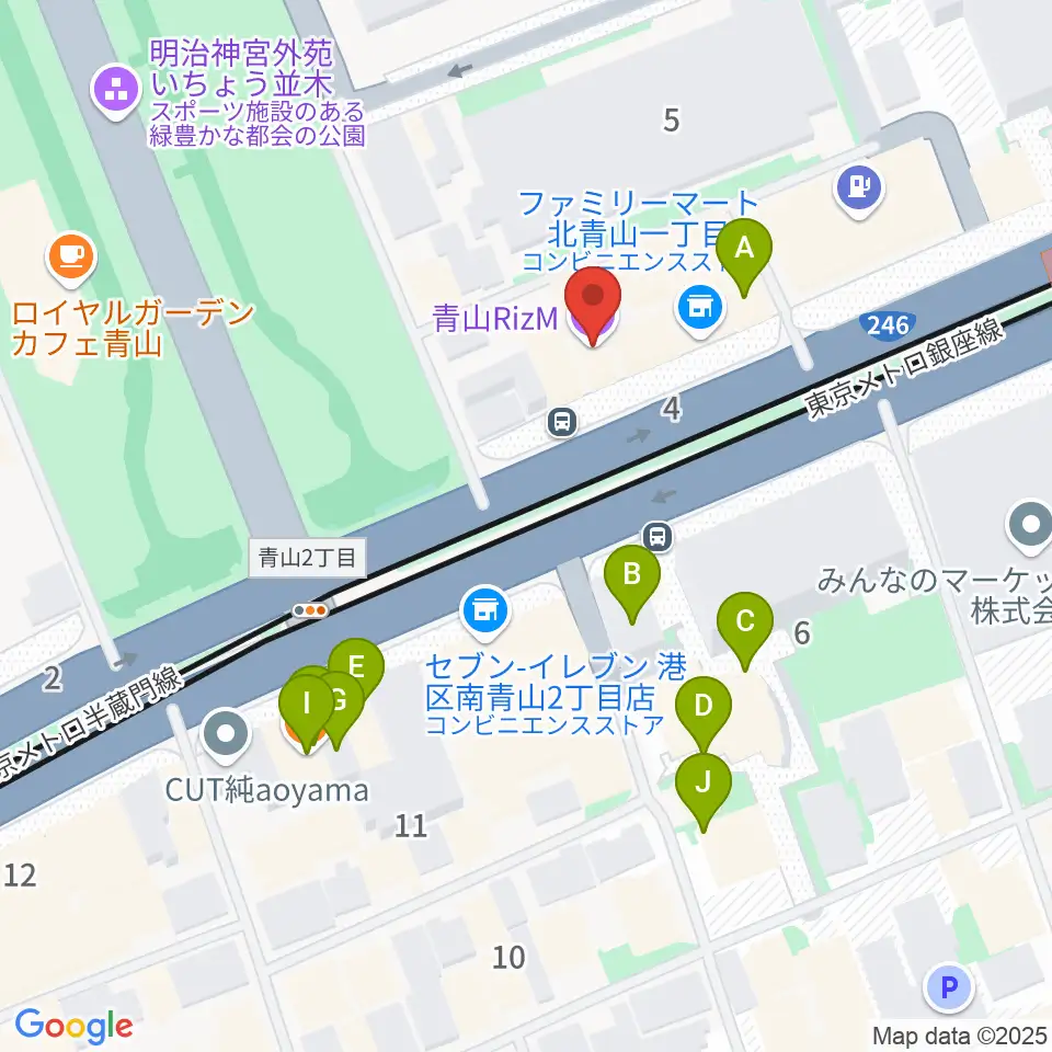 青山RizM周辺のファミレス・ファーストフード一覧地図