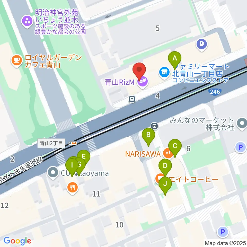 青山RizM周辺のファミレス・ファーストフード一覧地図
