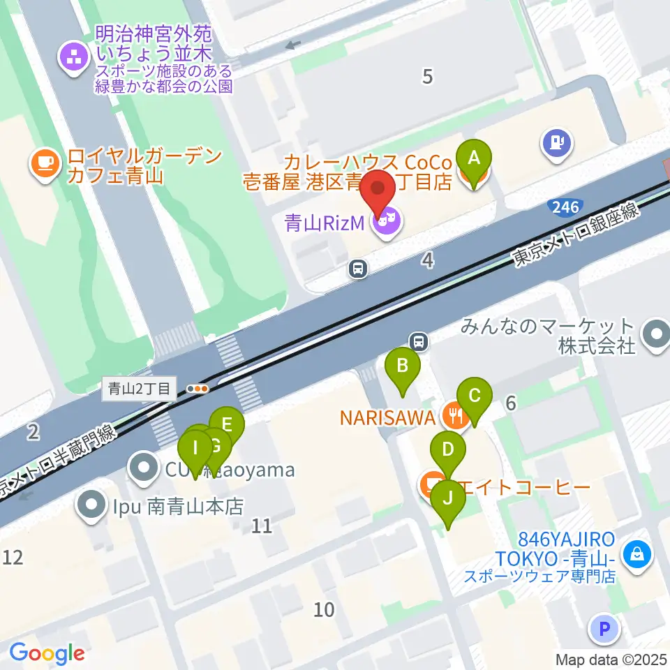 青山RizM周辺のファミレス・ファーストフード一覧地図