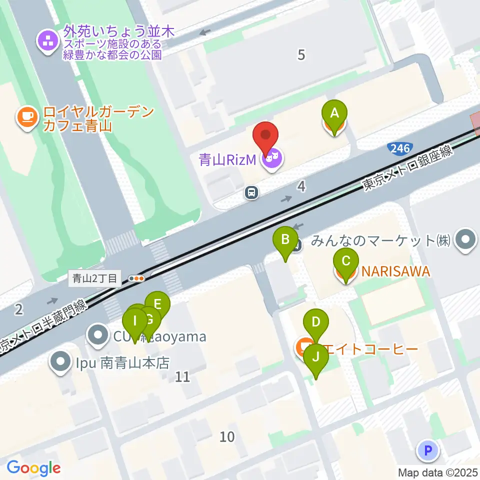 青山RizM周辺のファミレス・ファーストフード一覧地図