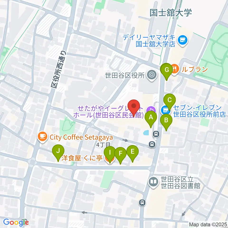 せたがやイーグレットホール周辺のファミレス・ファーストフード一覧地図