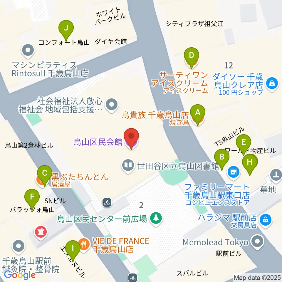 烏山区民会館周辺のファミレス・ファーストフード一覧地図