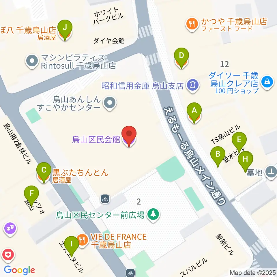 烏山区民会館周辺のファミレス・ファーストフード一覧地図